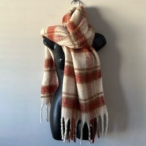 29 Palms Plaid Fringe Scarf muted red orange blanket scarf NWT